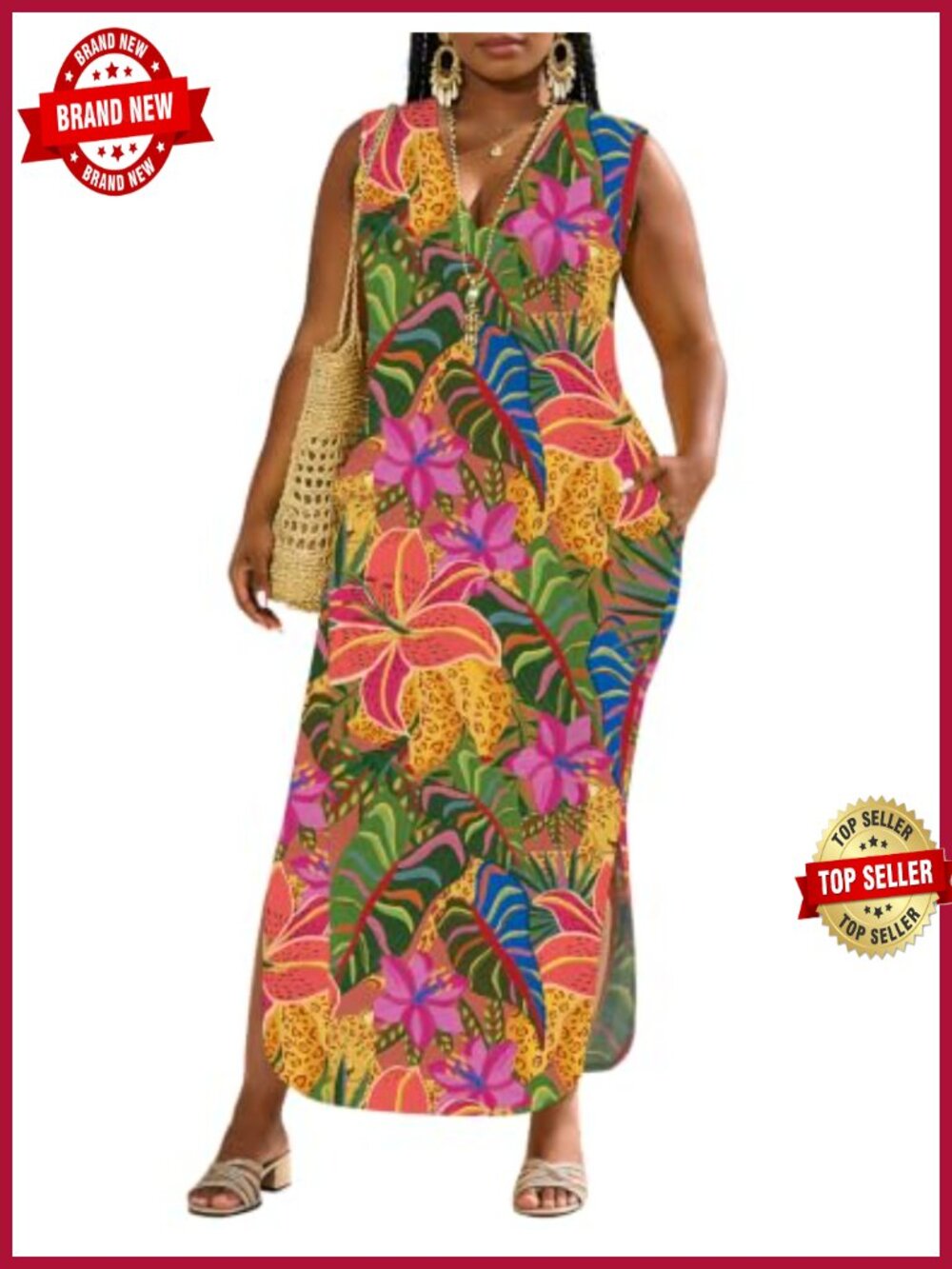 Women Plus Size Maxi Dress V-Neck Sleeveless Split Beach Sundress with Pockets